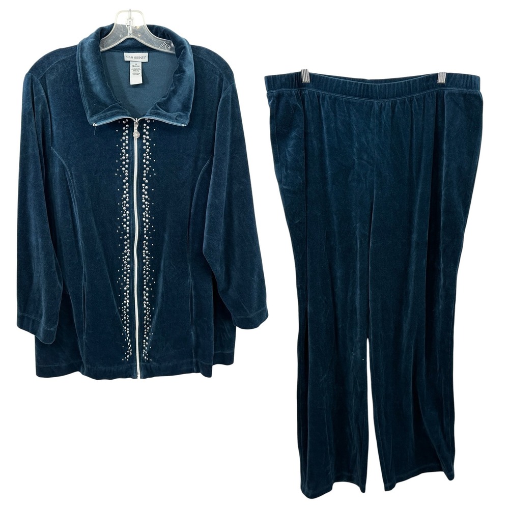 Catherines Plus Size 1X Tracksuit Set Teal Blue Velour Studded Jacket Pants E